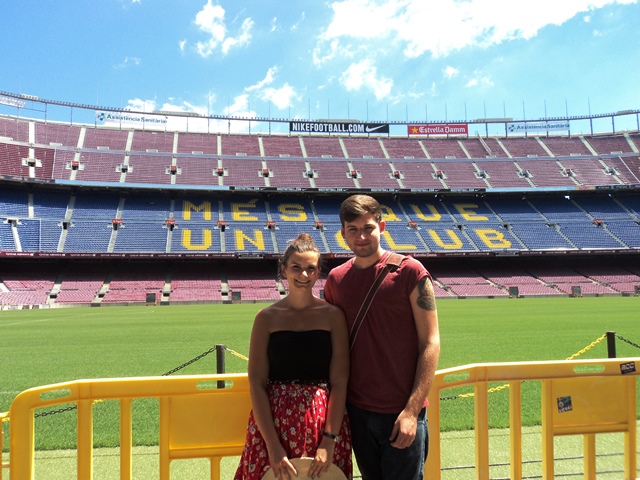 The Camp Nou tour - Lisa and Ryan on the pitch