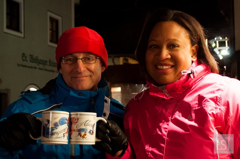 Terry and Sarah share a gluhwein at Wolfgang's christmas market