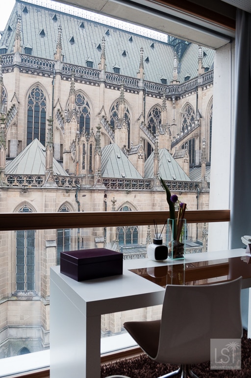 View of Linz's cathedral from the floor to ceiling windows at ou