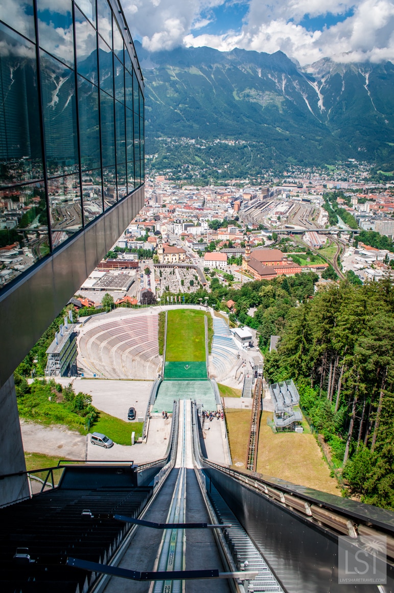 Looking down at the ski slope at Bergisel ski jump Innsbruck