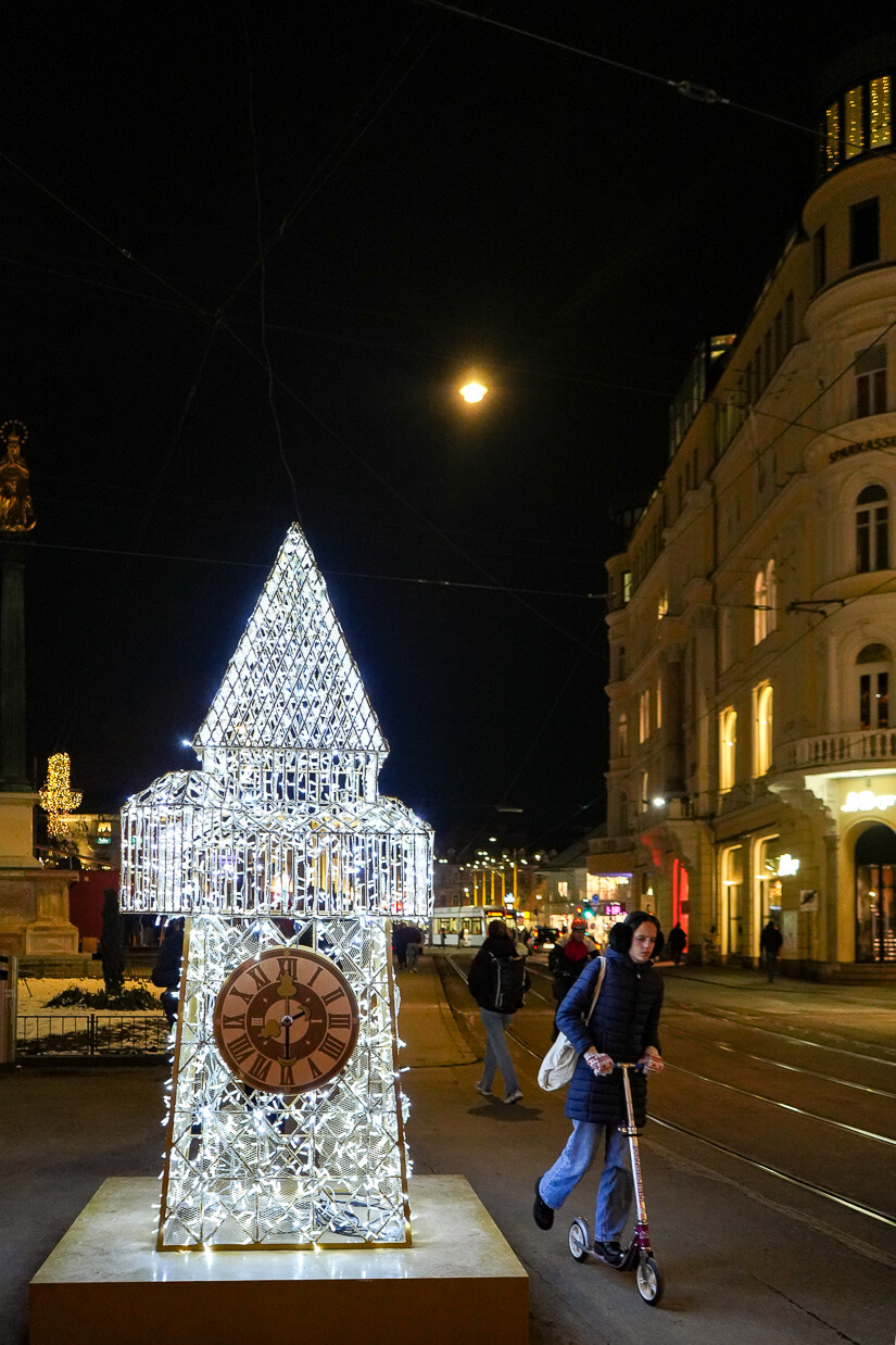 Graz's famed clocktower in lights