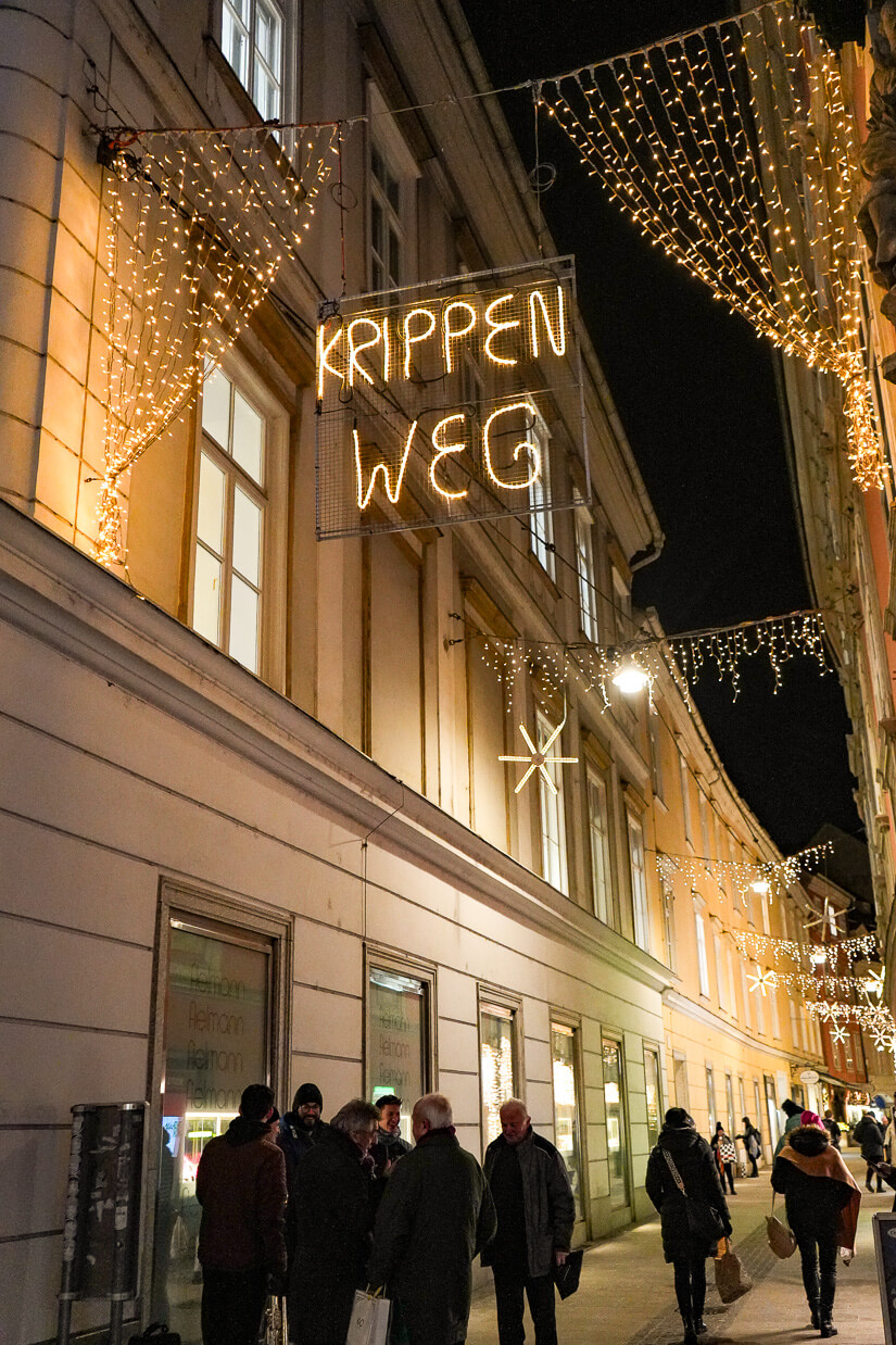Krippenweg is a street where shops have nativity scenes in their windows in Graz, Austria