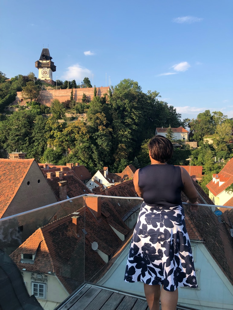 What to do in Graz - view the city's Schlossberg from Kastner & Öhler
