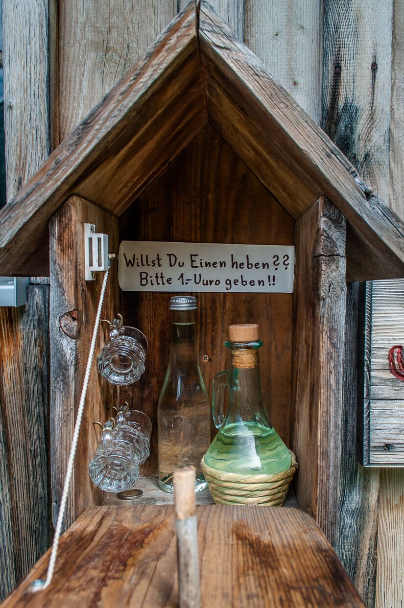Schnapps in a hut on the mountainside - just pay €1 and serve yourself a shot
