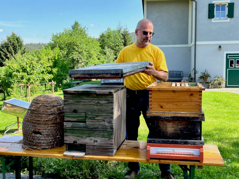 Siegmund showing just some of his many beehives